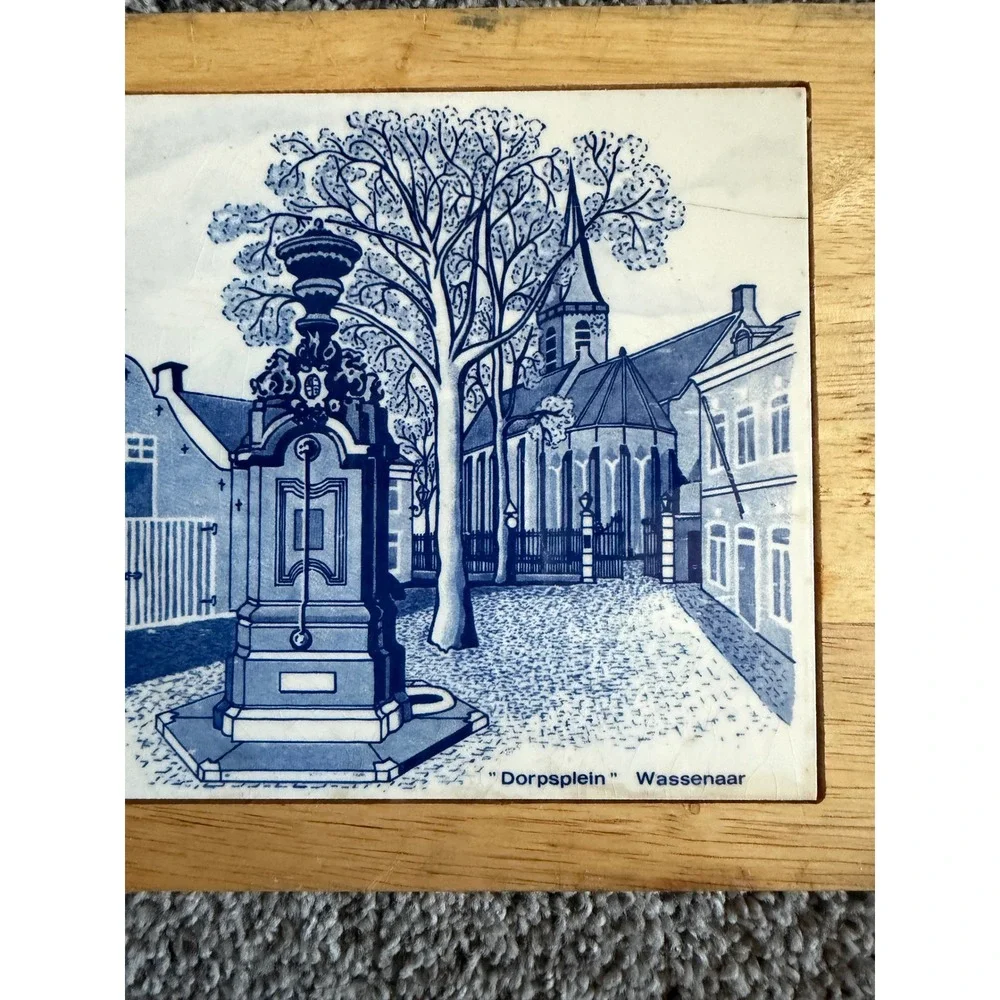 Vintage Delft Blue Handpainted Holland Tile Dorpsplein Wassenaar Wooden Frame 7